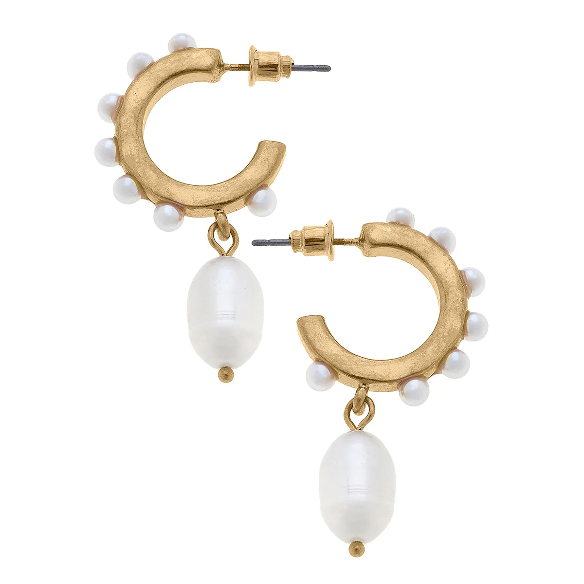 Canvas Katelyn Pearl Studded Hoop Drop Earrings Worn Gold