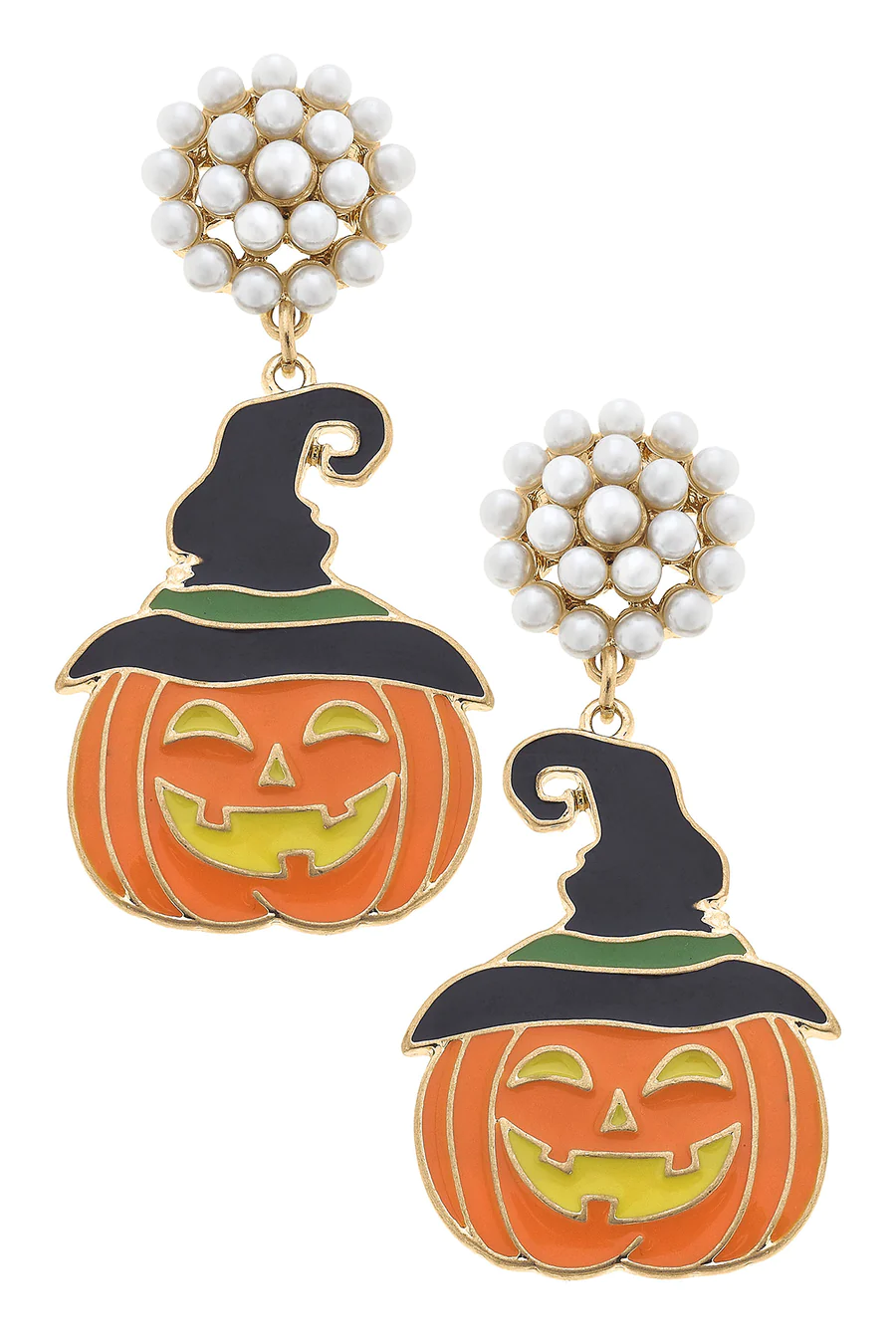 Canvas Halloween Enamel Jack O'Lantern Witch Hat Earrings Orange/Black