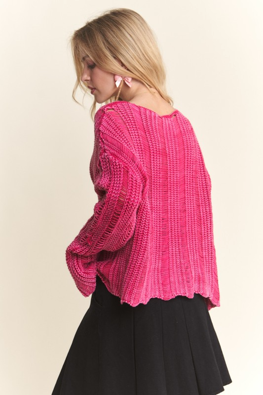 【KIXI】★(UNISEX) Dyeing Pig Wash Ribbed Knit Distressed Mineral Washed Sweater HOT PINK – Girls Round Here