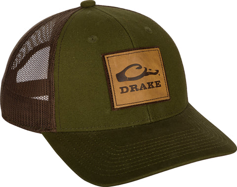 Drake Square Leather Patch Mesh Back Olive/Brown Hat