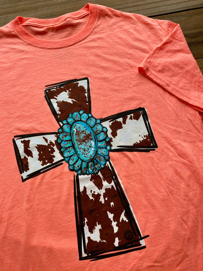 Girlie Girl Originals Turquoise Cow Cross Retro Heather Coral