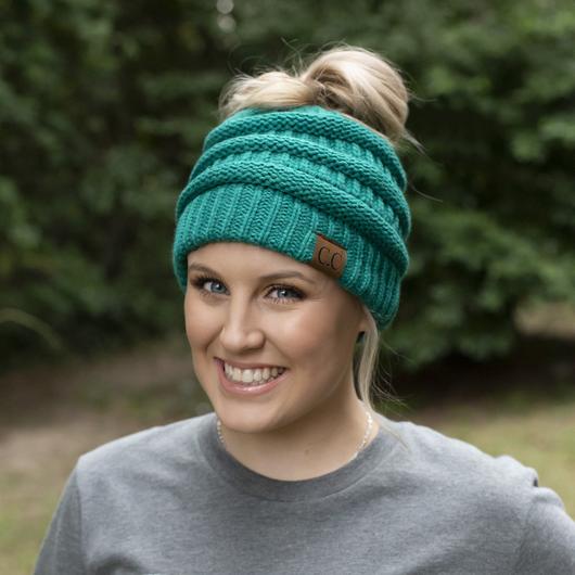 C.C Seagreen Messy Bun Beanie