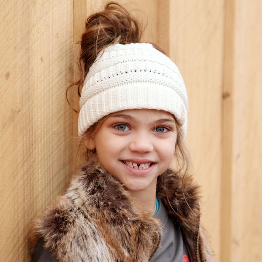 C.C. Youth Messy Bun Ivory Beanie