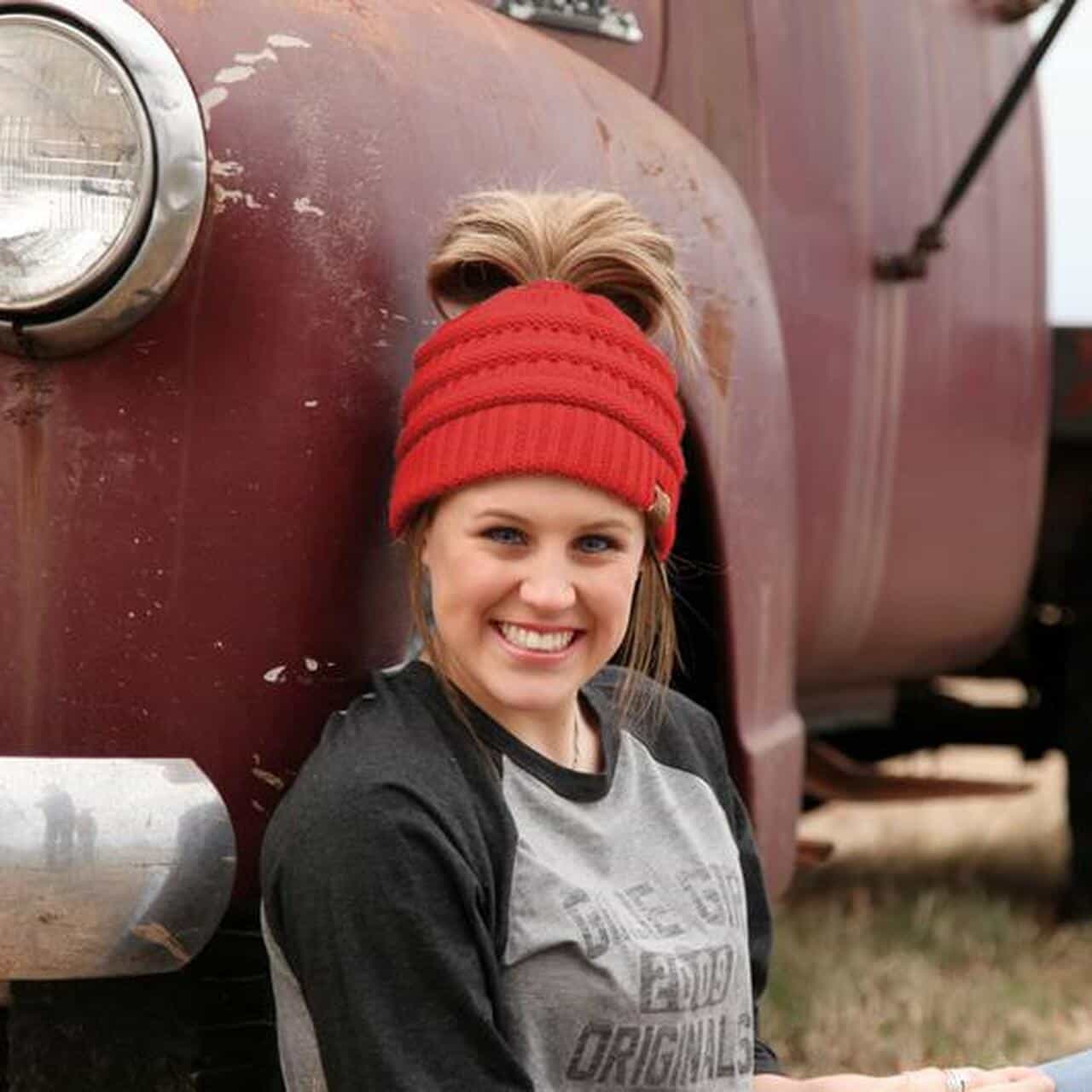 C.C. Messy Bun Beanie Solid Red