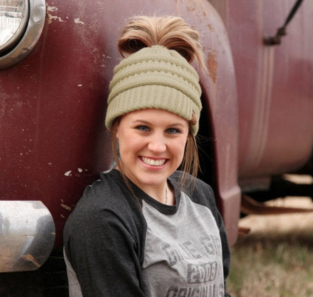 C.C Beige Messy Bun Beanie