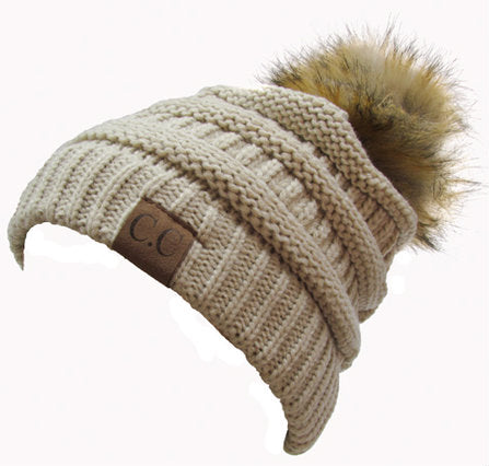 C.C Beige Fur Pom Beanie