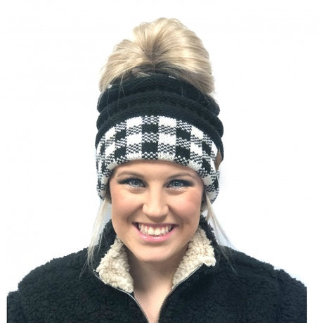 C.C Buffalo Plaid Black White/Black Messy Bun Beanie