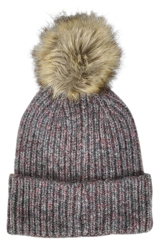 C.C. Faux Fur Pom Ribbed Beanie Dark Grey Multi